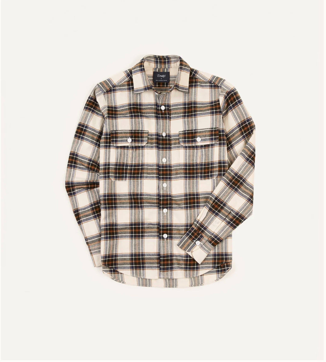 Drake's Brushed Cotton Brown / Navy Checked Shirt