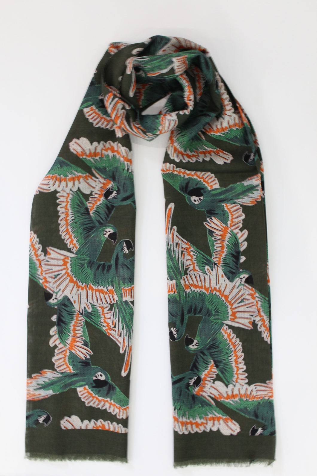 Limited Edition of Two Wild Parrot Print Wool-Silk Scarf (Green)